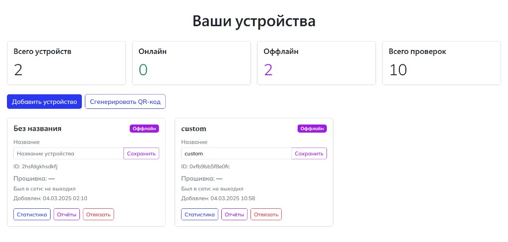 Личный кабинет: список устройств, статус онлайн и доступ к статистике